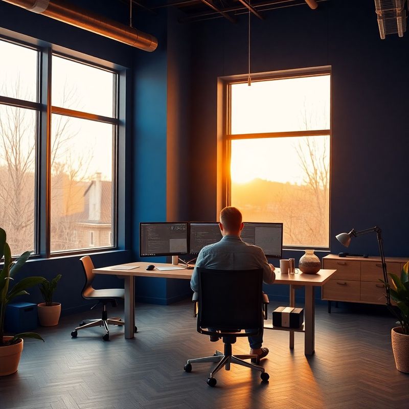 Interior modern al biroului din Iași cu accente indigo și lumină caldă